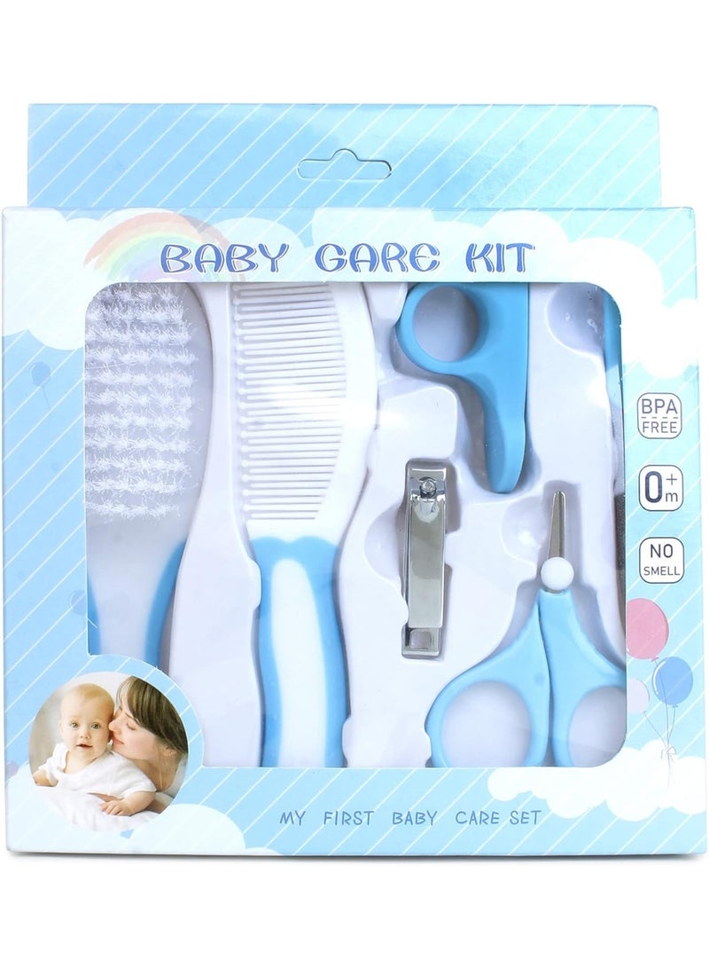 مجموعة العناية بالأطفال حديثي الولادة والأطفال مكونة من 6 قطع، تتضمن مقص أظافر للأطفال، ومقص، وفرشاة شعر، ومشط، ومجموعة للعناية بالأظافر والشعر مع حقيبة تخزين (أزرق) - Image 1